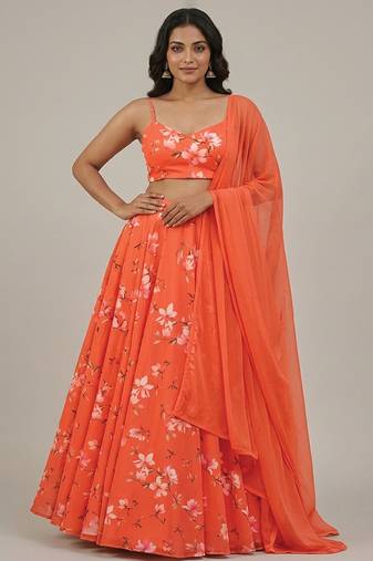 Orange Floral Printed Georgette Lehenga Set
