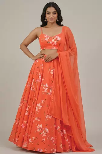 Orange Floral Printed Georgette Lehenga Set