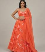 Orange Floral Printed Georgette Lehenga Set