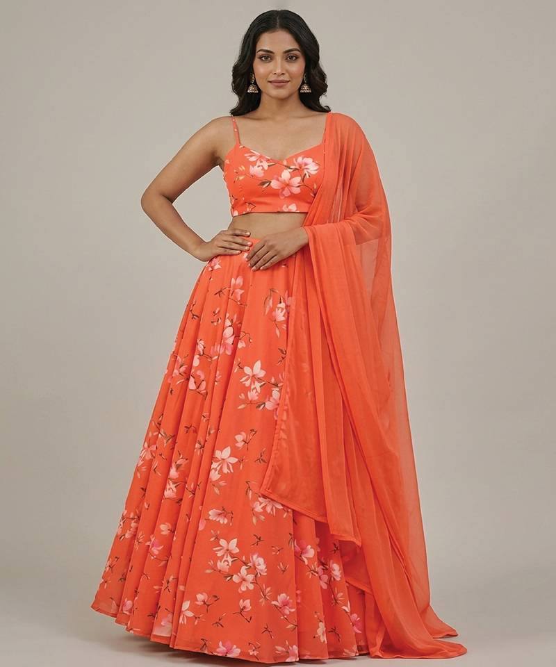 Orange Floral Printed Georgette Lehenga Set