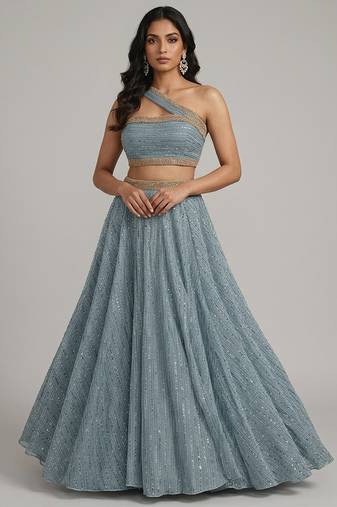 Dusty Blue Sequin Embellished Shimmer Lehenga Set