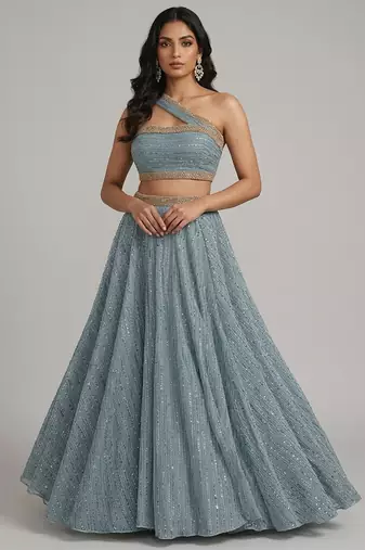 Dusty Blue Sequin Embellished Shimmer Lehenga Set