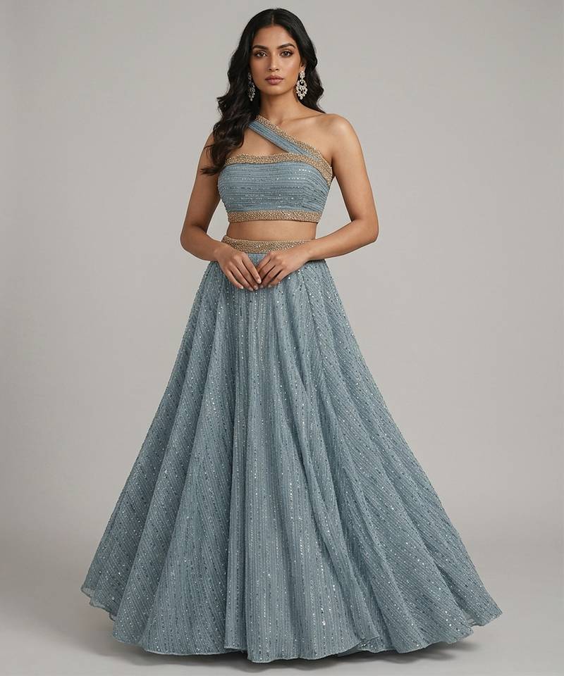 Dusty Blue Sequin Embellished Shimmer Lehenga Set