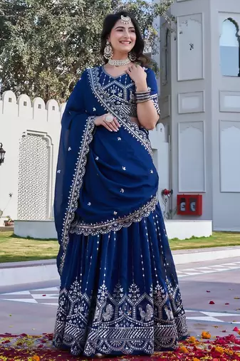 Neavy Blue Color Embroidery Sequence And Thred Work Silk Lahenga Choli Set