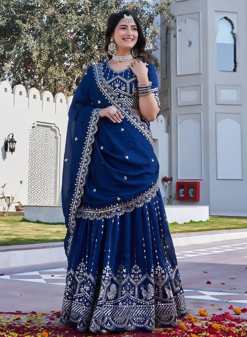 Neavy Blue Color Embroidery Sequence And Thred Work Silk Lahenga Choli Set
