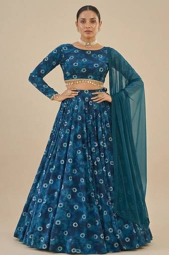 Teal Blue Printed Georgette Lehenga Set