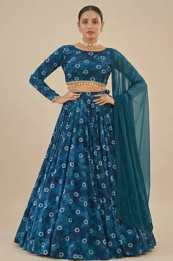 Teal Blue Printed Georgette Lehenga Set