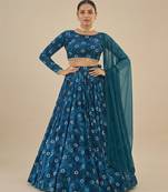 Teal Blue Printed Georgette Lehenga Set