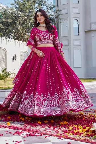 Pink Color Embroidery Sequence And Thred Work Silk Lahenga Choli Set