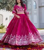 Pink Color Embroidery Sequence And Thred Work Silk Lahenga Choli Set