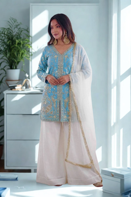 Sky Blue Silk Heavy Heavy Embroidery Sequence Work K 1