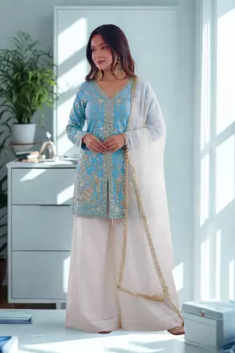 Sky Blue Silk Heavy Heavy Embroidery Sequence Work K