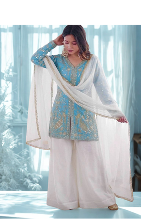 Sky Blue Silk Heavy Heavy Embroidery Sequence Work K 2