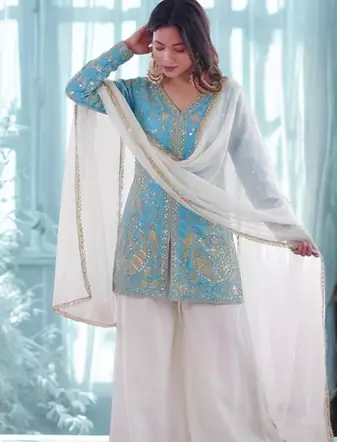 Sky Blue Silk Heavy Heavy Embroidery Sequence Work K