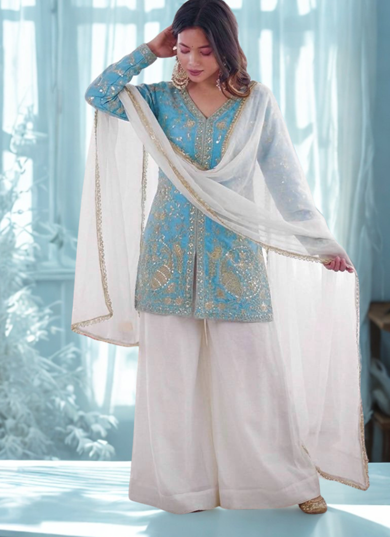 Sky Blue Silk Heavy Heavy Embroidery Sequence Work K