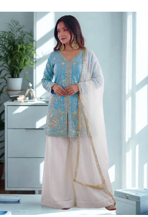 Sky Blue Silk Heavy Heavy Embroidery Sequence Work K 3
