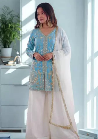 Sky Blue Silk Heavy Heavy Embroidery Sequence Work K
