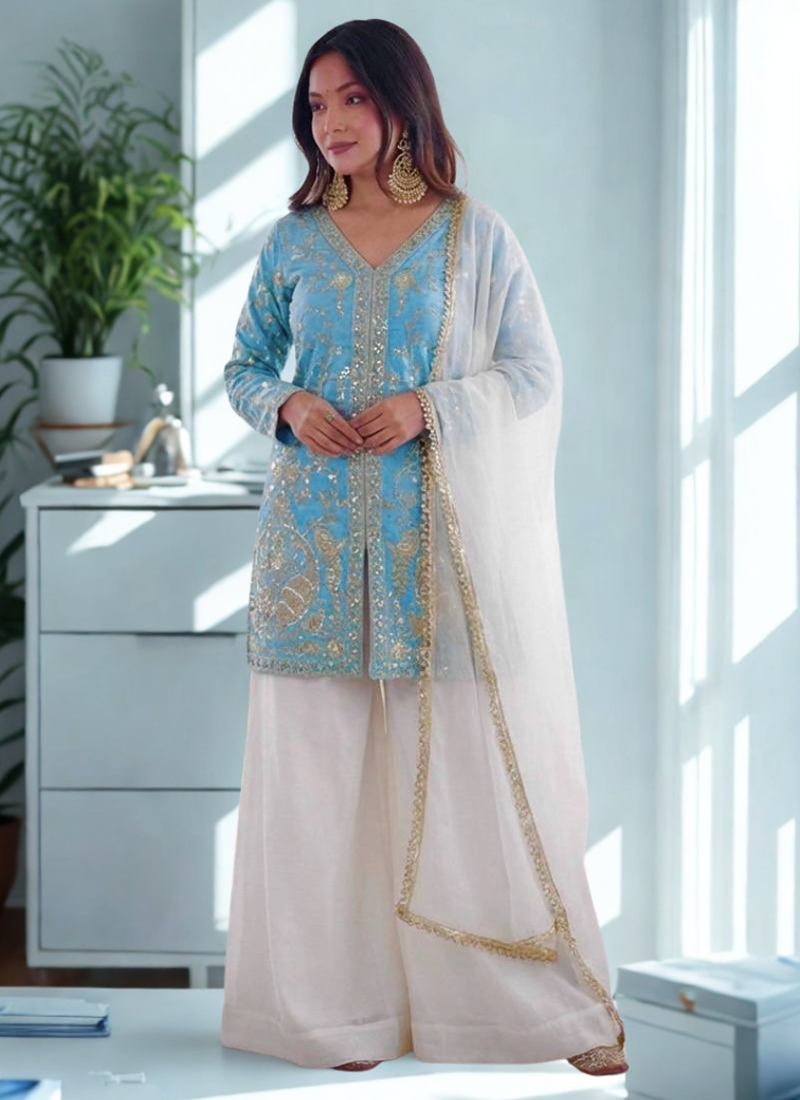 Sky Blue Silk Heavy Heavy Embroidery Sequence Work K