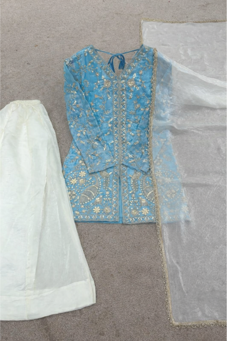 Sky Blue Silk Heavy Heavy Embroidery Sequence Work K