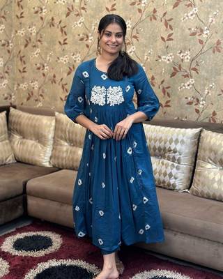 WOMEN PURE COTTON EMBROIDERY A-LINE KURTA WITH PANT  1