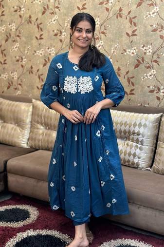 WOMEN PURE COTTON EMBROIDERY A-LINE KURTA WITH PANT 