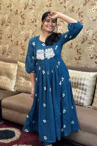 WOMEN PURE COTTON EMBROIDERY A-LINE KURTA WITH PANT 