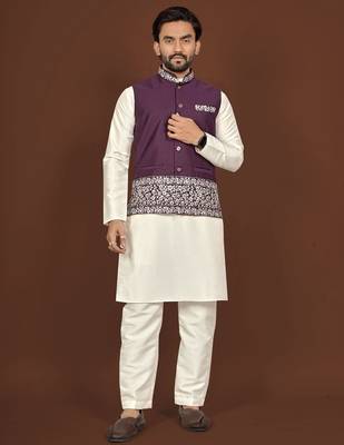 white silk kurta pyjama set with wine embroidered nehru jacket 1