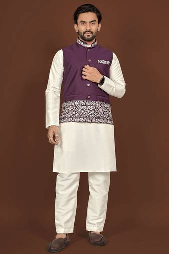 white silk kurta pyjama set with wine embroidered nehru jacket