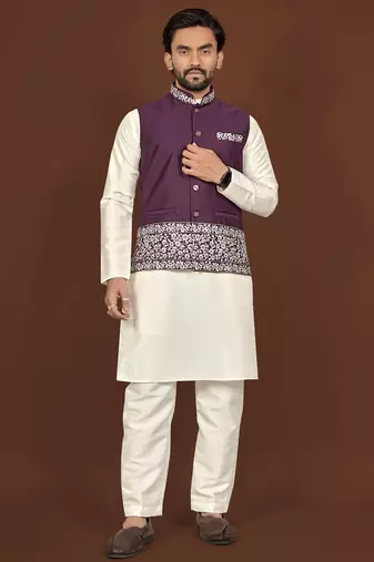 white silk kurta pyjama set with wine embroidered nehru jacket