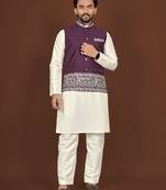 white silk kurta pyjama set with wine embroidered nehru jacket