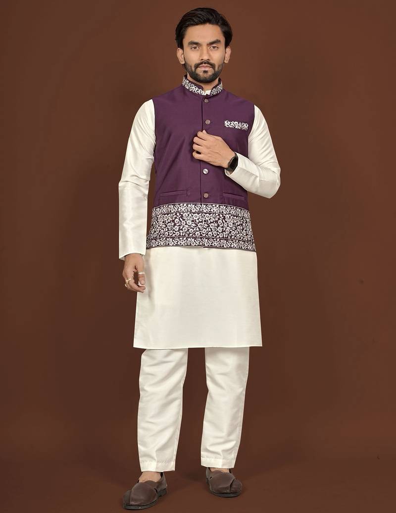 white silk kurta pyjama set with wine embroidered nehru jacket