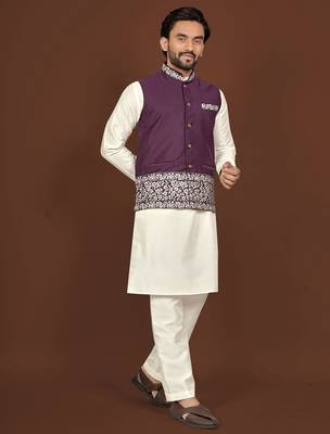 white silk kurta pyjama set with wine embroidered nehru jacket 2