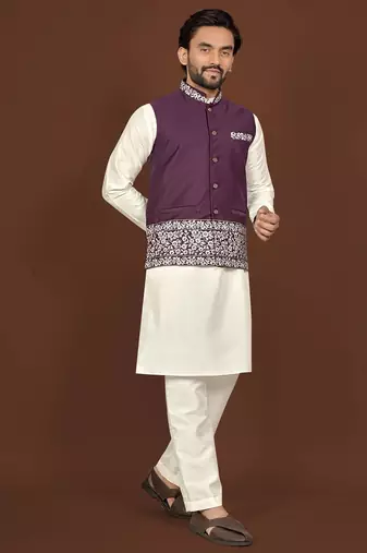 white silk kurta pyjama set with wine embroidered nehru jacket