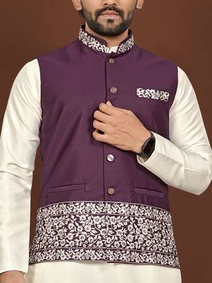 white silk kurta pyjama set with wine embroidered nehru jacket 3