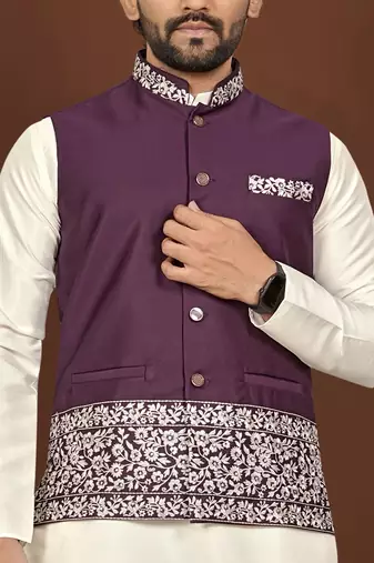white silk kurta pyjama set with wine embroidered nehru jacket