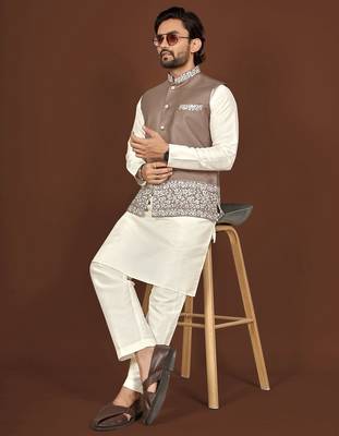 white silk kurta pyjama set with brown embroidered nehru jacket 1