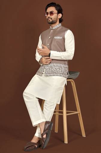 white silk kurta pyjama set with brown embroidered nehru jacket