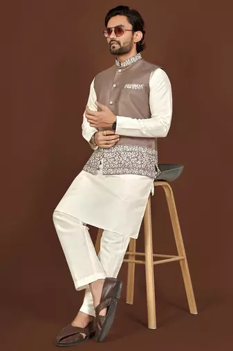 white silk kurta pyjama set with brown embroidered nehru jacket