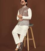 white silk kurta pyjama set with brown embroidered nehru jacket