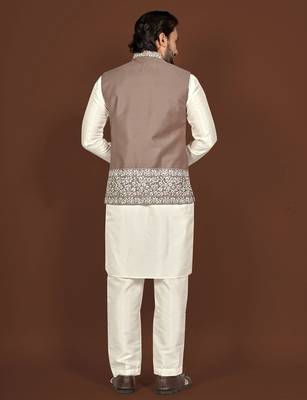 white silk kurta pyjama set with brown embroidered nehru jacket 2