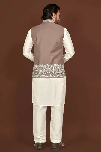 white silk kurta pyjama set with brown embroidered nehru jacket