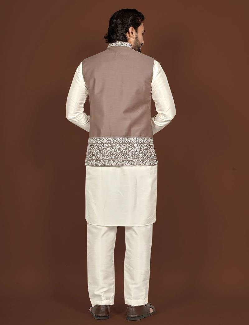 white silk kurta pyjama set with brown embroidered nehru jacket