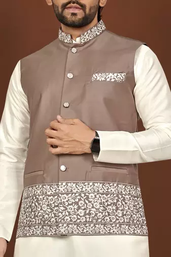 white silk kurta pyjama set with brown embroidered nehru jacket