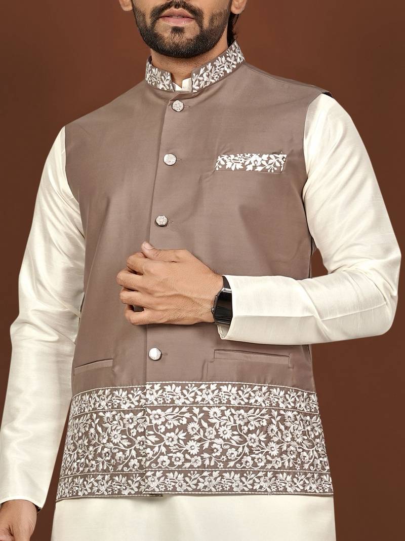 white silk kurta pyjama set with brown embroidered nehru jacket