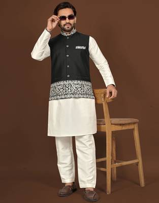 white silk kurta pyjama set with black embroidered nehru jacket 1