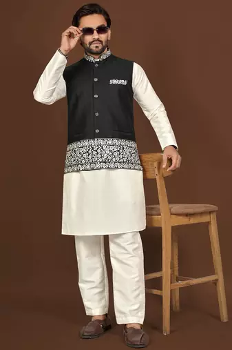 white silk kurta pyjama set with black embroidered nehru jacket