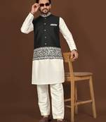 white silk kurta pyjama set with black embroidered nehru jacket