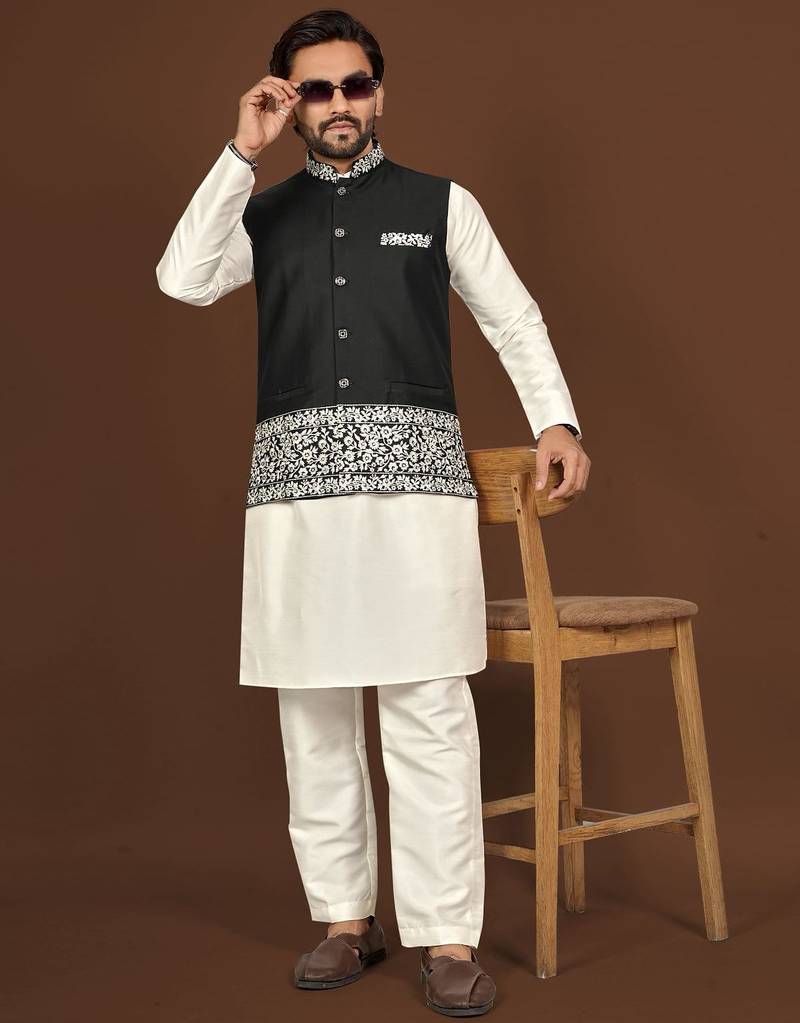 white silk kurta pyjama set with black embroidered nehru jacket