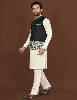 white silk kurta pyjama set with black embroidered nehru jacket 2