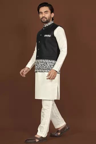 white silk kurta pyjama set with black embroidered nehru jacket